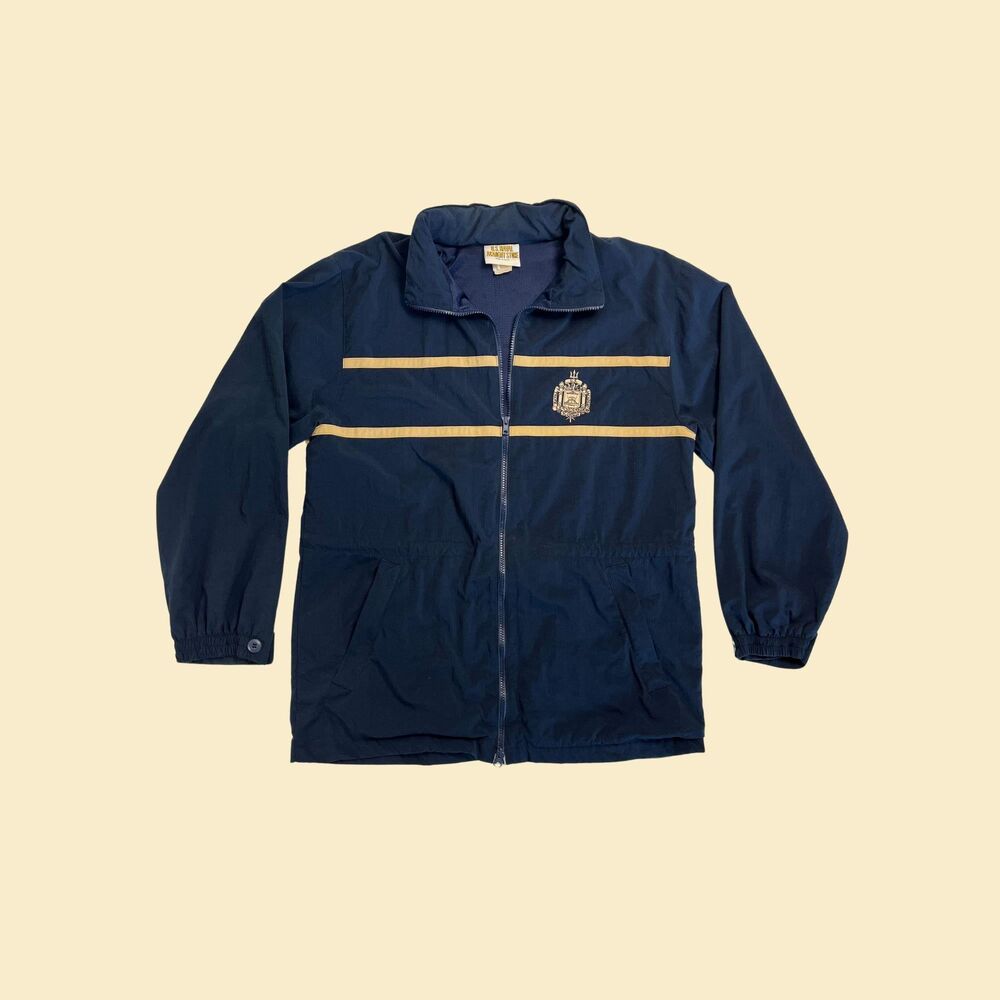 1990s US Naval Academy windbreaker jacket, size M blue/gold zip up Navy jacket